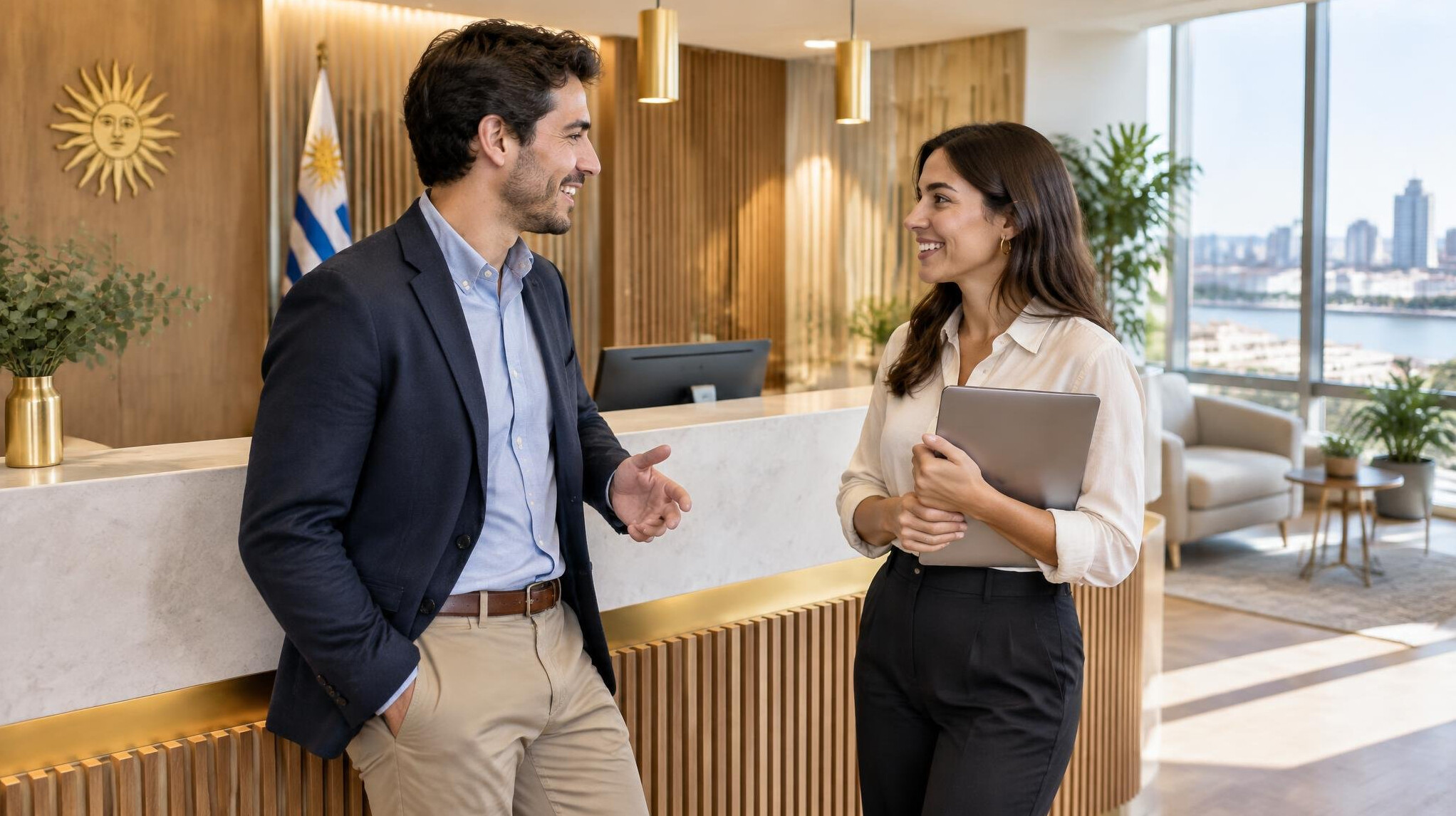 Modern media office reception with staff talking
