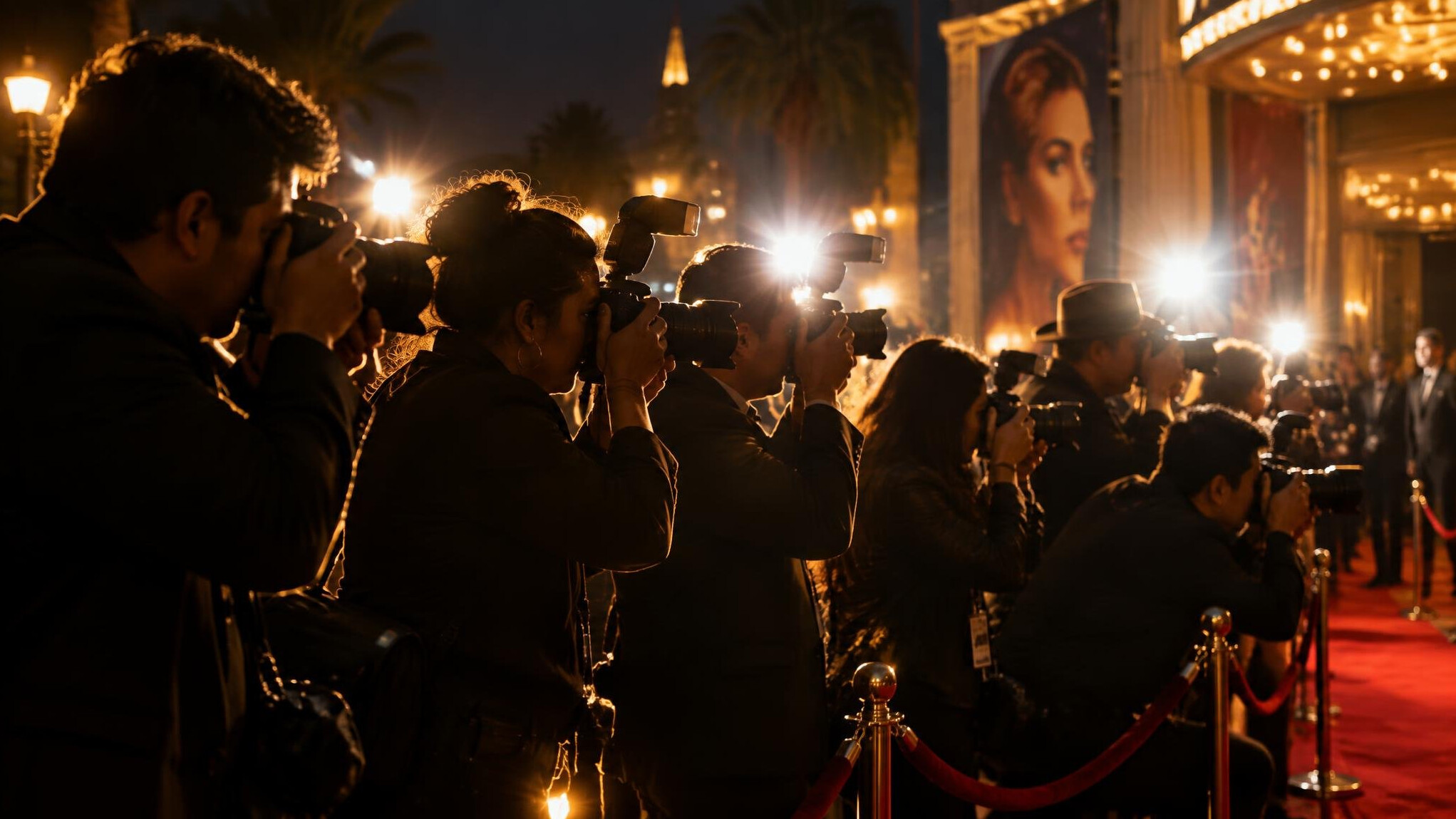 Silhouette of photographers with camera flashes at a premiere