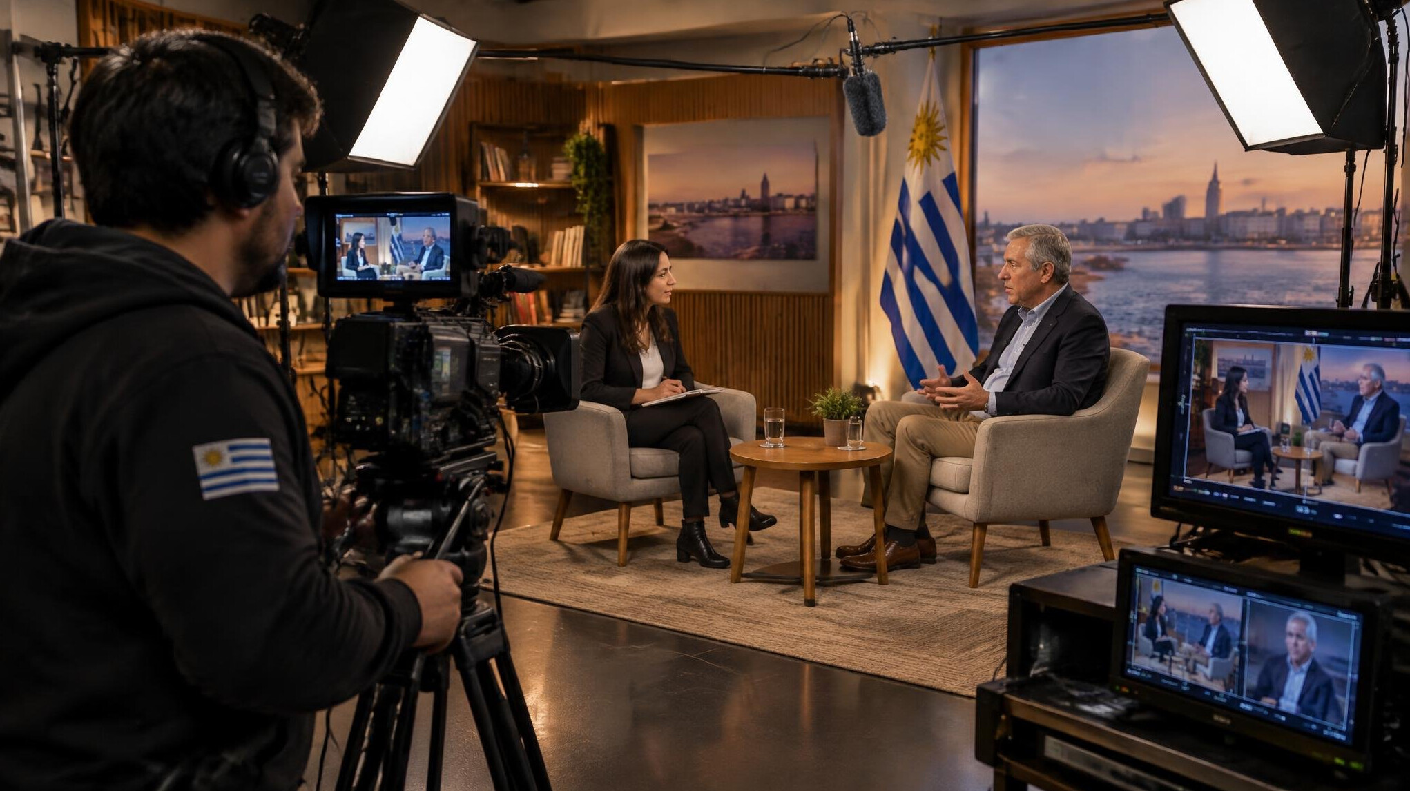 Camera crew filming a celebrity interview in a television studio